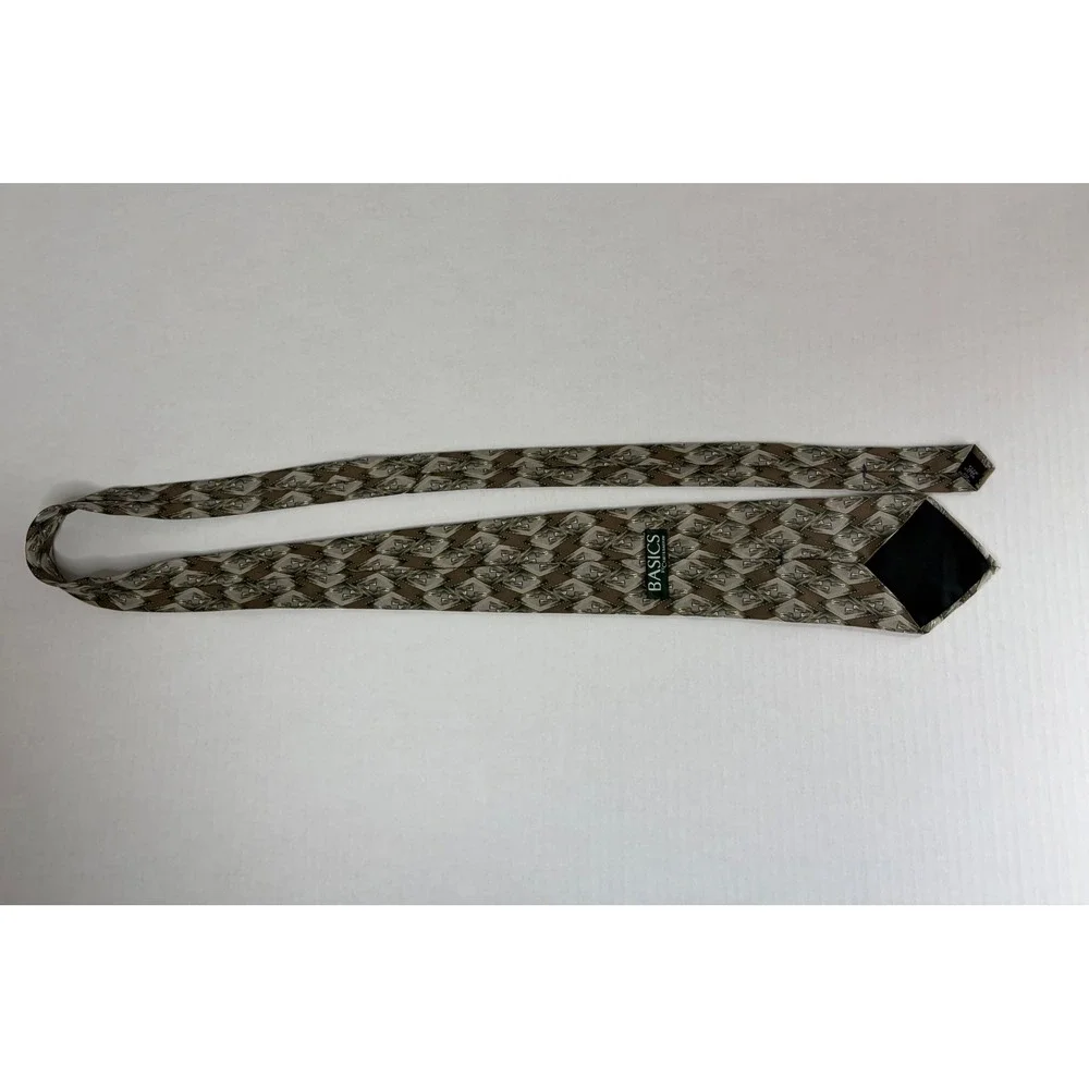 Basics By Croft & Barrow Mens 100% Silk Tie Brown Tan Gray Geometric Diamond USA